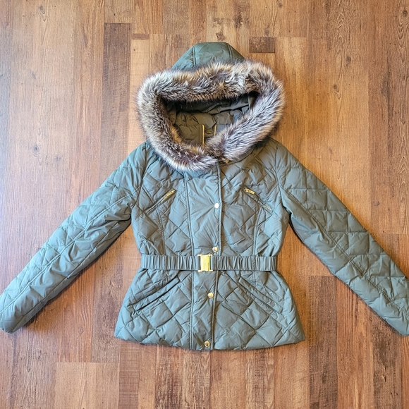 Express Quilted Green Jacket Coat with Faux Fur Hood - Picture 1 of 8